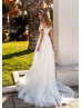 Short Sleeves Beaded Ivory Lace Tulle Romantic Wedding Dress